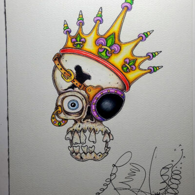 Original Color Pencil Drawing, Mardi Gras Pirate Skull, 11 x 15 inches
