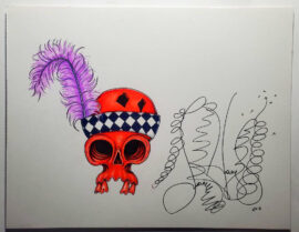 Original Color Pencil Drawing, Purple Feather Skull, 11 x 15 inches