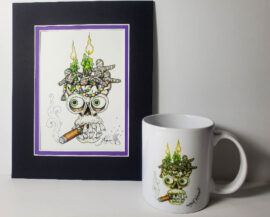 Cigar Smoking Skull signed print plus FREE 11 oz. ceramic mug
