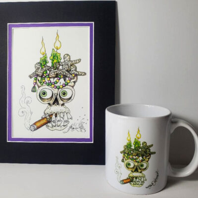 Cigar Smoking Skull signed print plus FREE 11 oz. ceramic mug