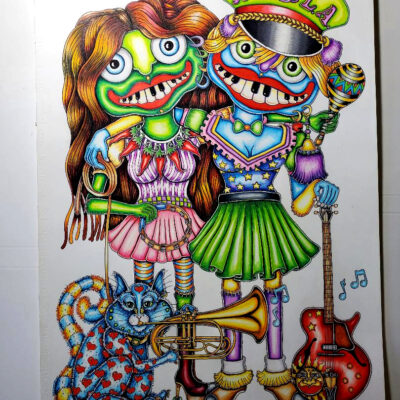 Original Color Pencil Drawing, 2 Girl Voodoo Dolls 15 x 22 inches