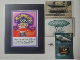 Signed Blimphead print, silver blimp charm, 3 Vintage Zeppelin postcards