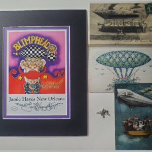 Signed Blimphead print, silver blimp charm, 3 Vintage Zeppelin postcards