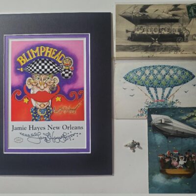 Signed Blimphead print, silver blimp charm, 3 Vintage Zeppelin postcards