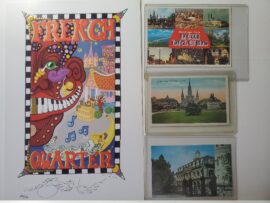 3 Vintage New Orleans postcards, BONUS signed Jamie Hayes French Quarter print