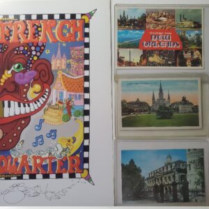 3 Vintage New Orleans postcards, BONUS signed Jamie Hayes French Quarter print
