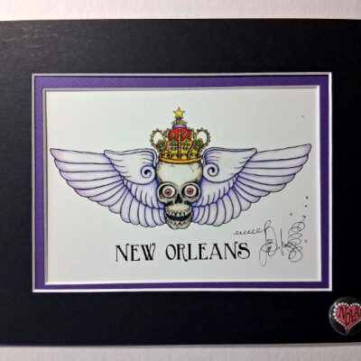 Mardi Gras Skull with Wings, double matted, 8 x 10, signed FREE NOLA pin