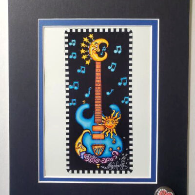 Blue Guitar with Sun & Moon double matted, 8 x 10, signed FREE NOLA heart pin.