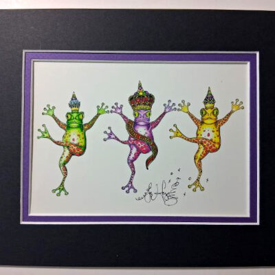 Mardi Gras 2015 Dancing Frogs 8″ x 10″ Giclee, signed FREE NOLA button