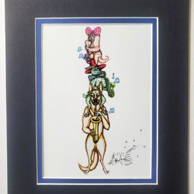 Dog Jazz Trio Double Matted 8″ x 10″ Giclee, signed FREE NOLA button