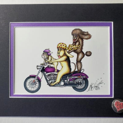 Dogs on Motorcycle Double Matted 8″ x 10″ Giclee, signed FREE NOLA button