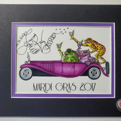 Frogs driving Bugatti Double Matted 8″ x 10″ Giclee, signed FREE button