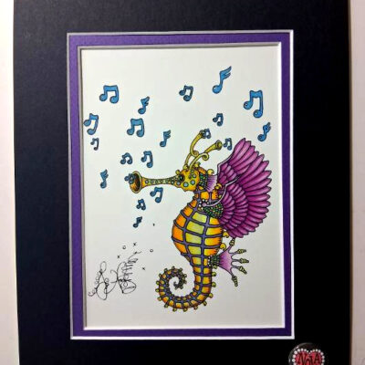 Yellow Seahorse Skull Double Matted 8″ x 10″ Giclee, signed FREE NOLA button