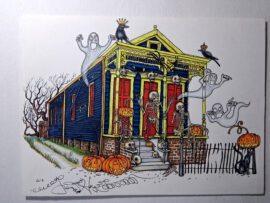 Original Color Pencil Drawing "New Orleans Halloween" Shotgun House