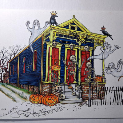 Original Color Pencil Drawing “New Orleans Halloween” Shotgun House