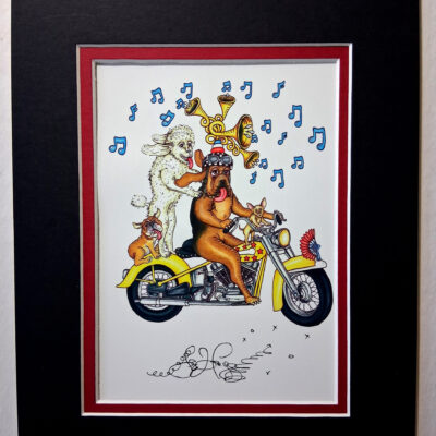 Dogs on Motorcycle Double Matted 8″ x 10″ Giclee, signed FREE NOLA button