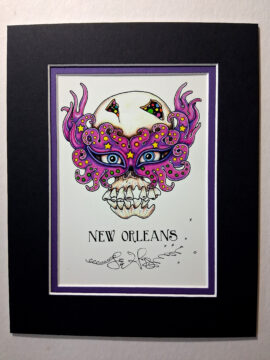 Mardi Gras Mask Skull 8" x 10" Giclee, signed FREE NOLA button