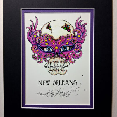 Mardi Gras Mask Skull 8″ x 10″ Giclee, signed FREE NOLA button