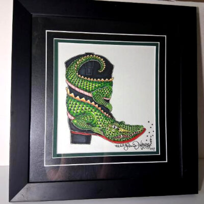 Framed Original Color Pencil Drawing, Alligator Boot 16 x 17 inches