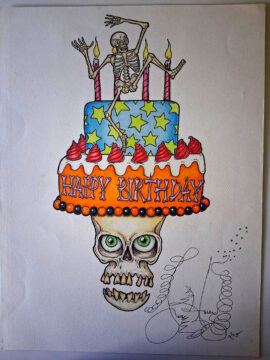 Original Color Pencil Drawing, Halloween Birthday Cake 15 x 19 inches