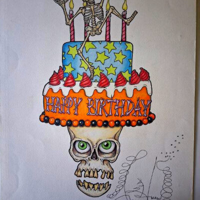 Original Color Pencil Drawing, Halloween Birthday Cake 15 x 19 inches