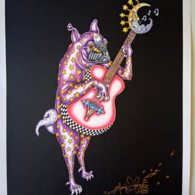 Pug Playing Guitar | Unframed Giclee, signed black background